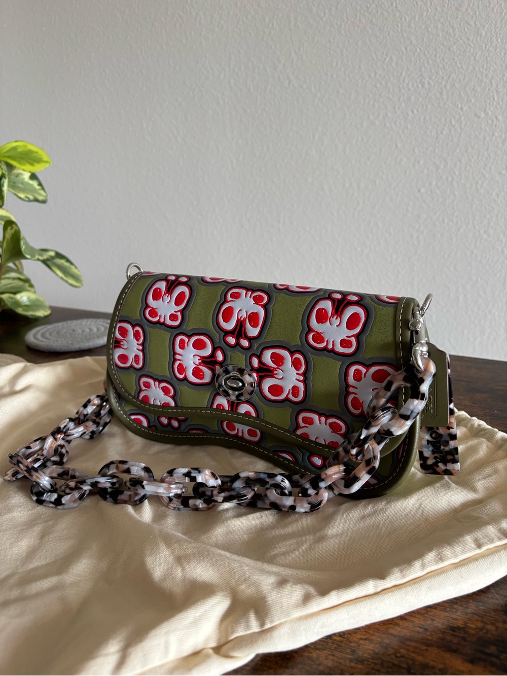 Coach Olive Green Butterfly Shoulder Bag with tortoise shell chain strap